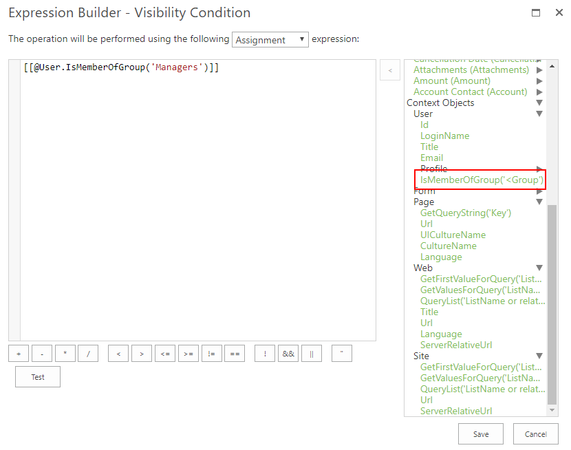 Expression Builder - Use the user context function IsMemberOfGroup to show or hide controls